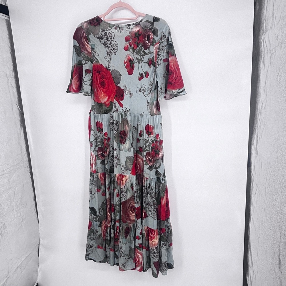 Soft Surroundings Floral Midi Dress Blue Rose Print Tiered Boho Prairie PM - Picture 3 of 6